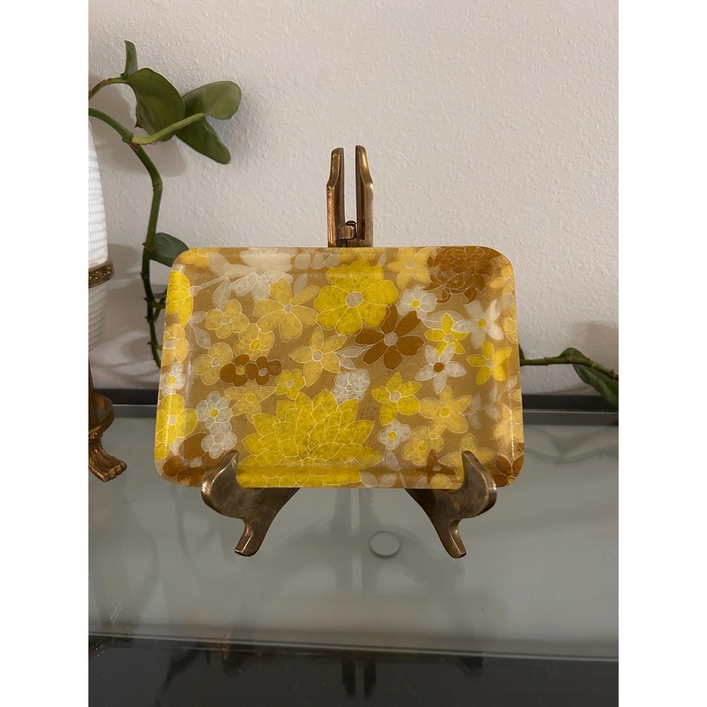 Set of 4 Vintage Yellow Floral Fiberglass Trays